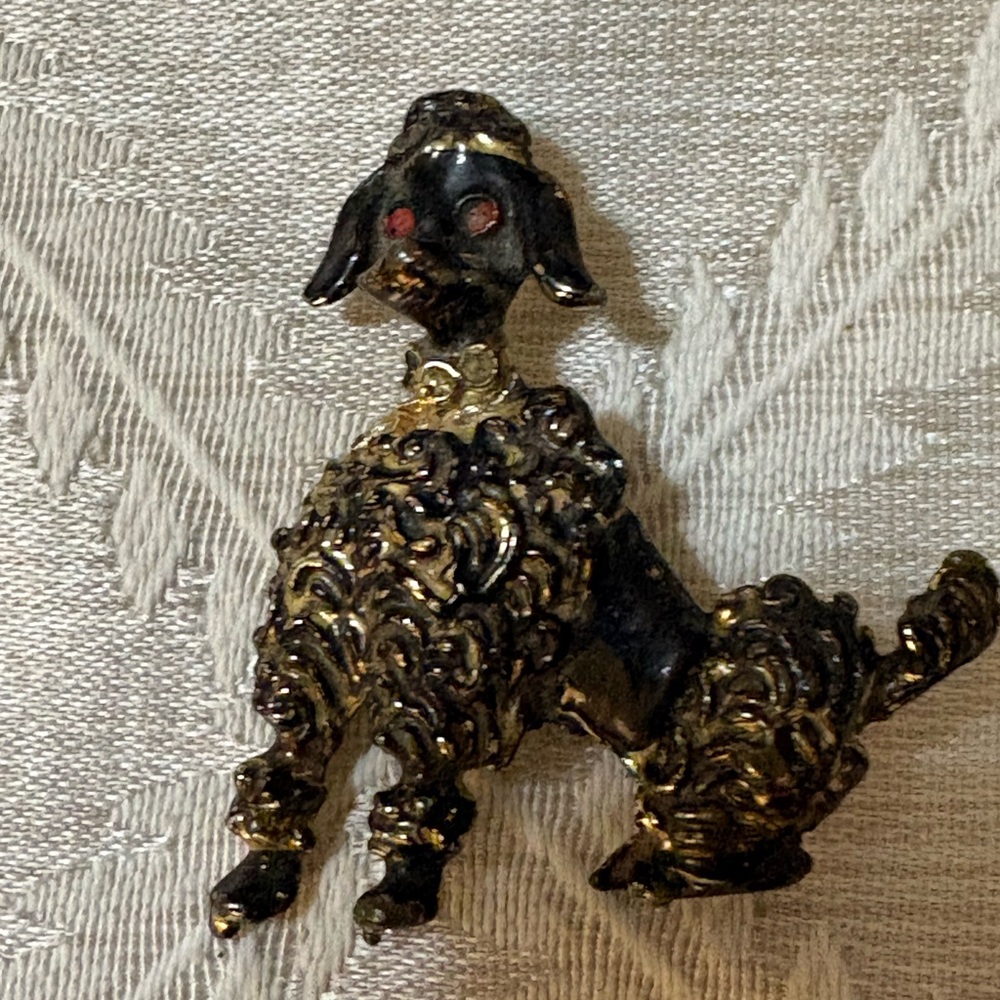 Vintage Black and Gold tone Poodle Brooch with red rhinestone eyes